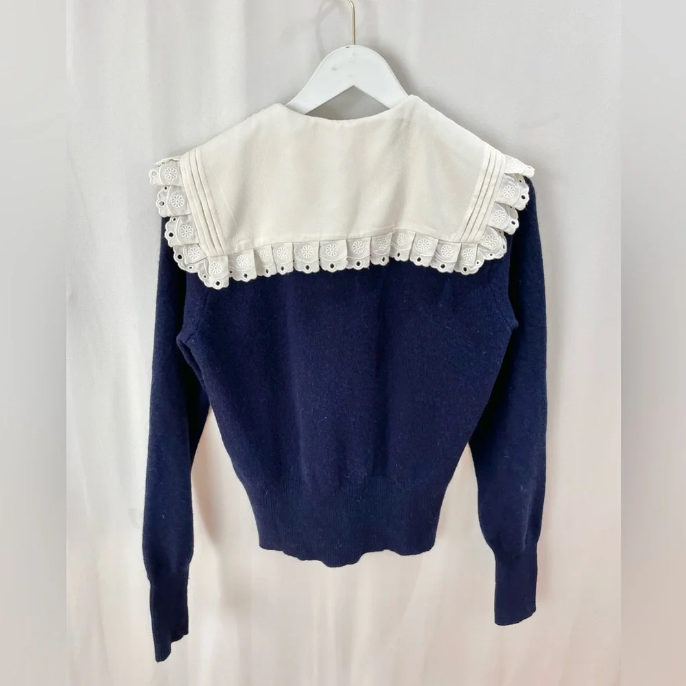 Sandro Sivane Navy Blue 100% Wool Pilgrim Broderie Trim Collar Sweater Size 2(S) - Picture 5 of 10